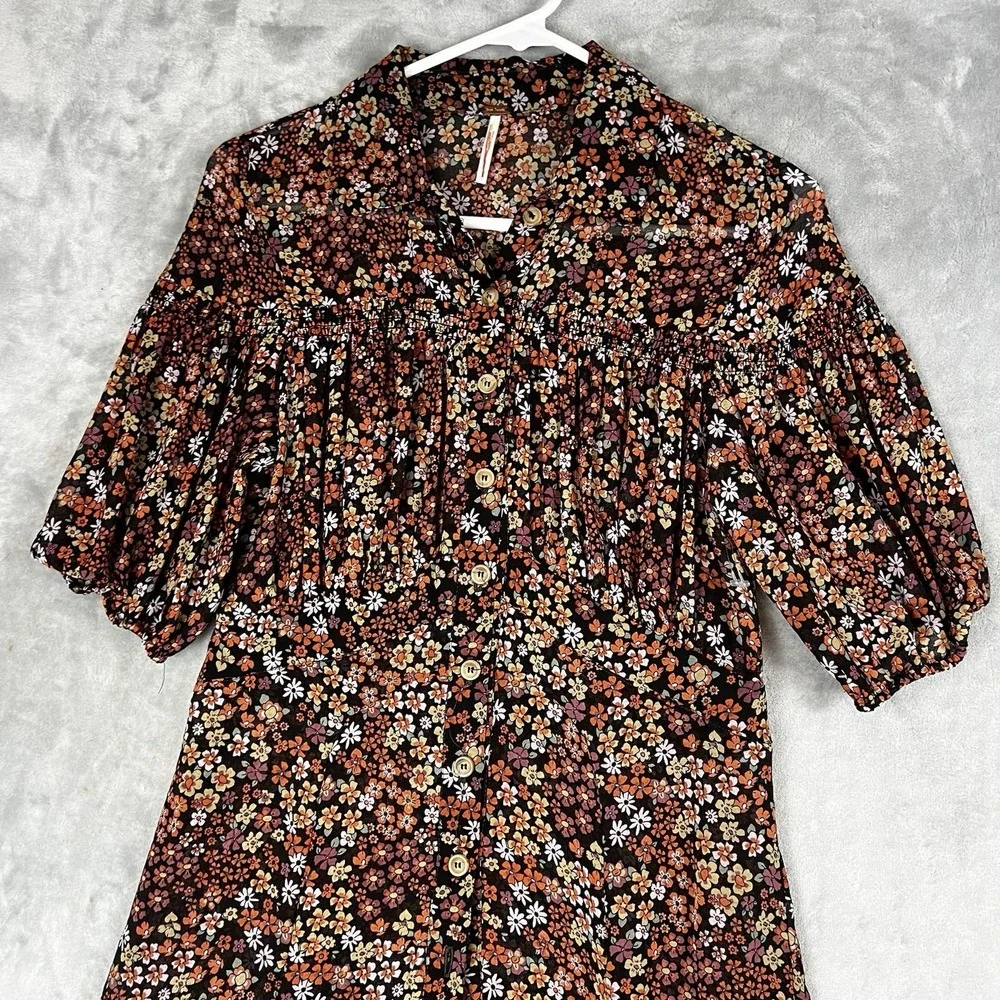 Free People Floral Mini Dress Button Front Puff Sleeve Ditsy Print Brown Multi